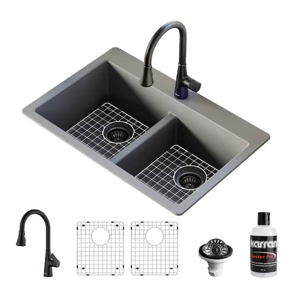 Karran QT- 810 qt. 33 in. 50/50 Double Bowl Drop-In Kitchen Sink in Grey with Faucet in Matte Black