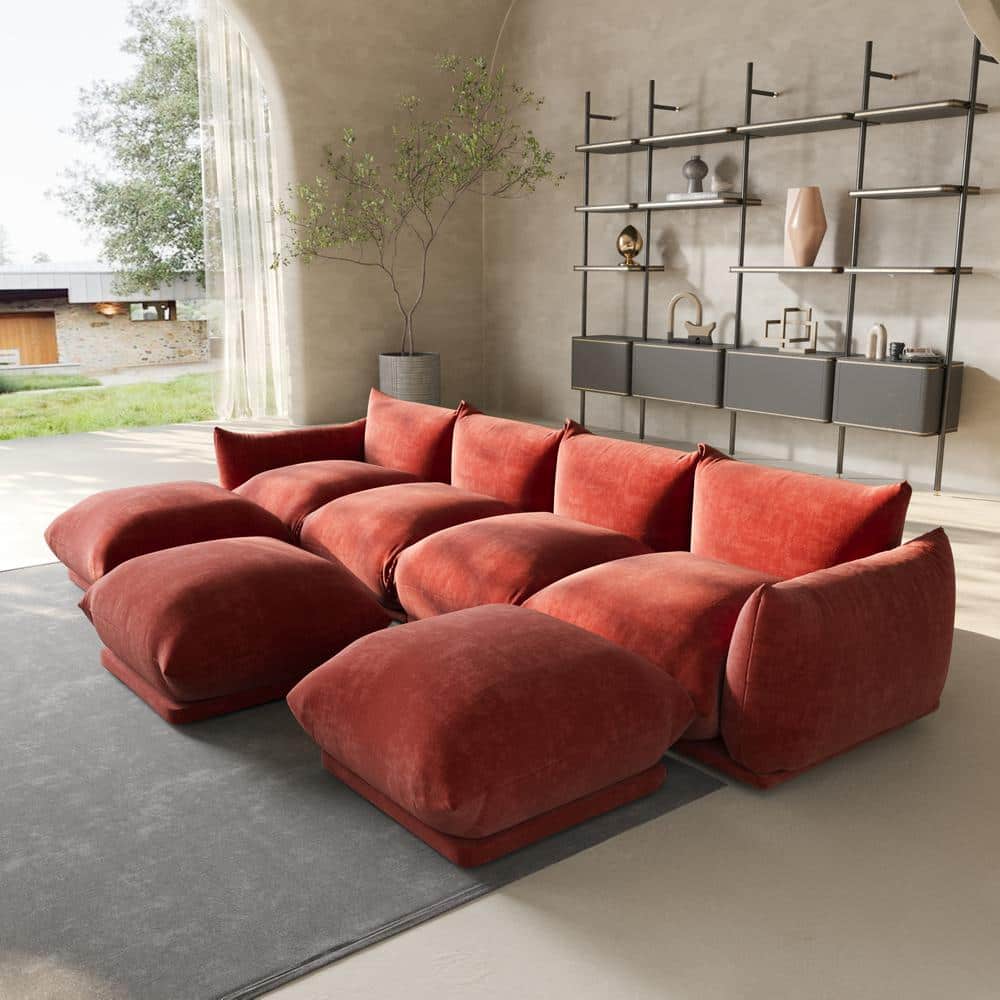 Modern 131 in. Flared Arm 7-Piece Chenille 4 Seater Modular Convertible Couch Sectional Sofa with 3 Ottomans in. Orange
