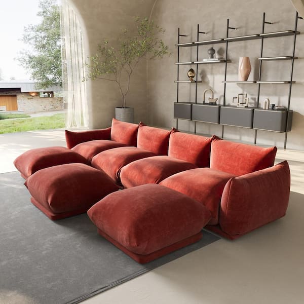Magic Home Modern 131 in. Flared Arm 7-Piece Chenille 4 Seater Modular Convertible Couch Sectional Sofa with 3 Ottomans in. Orange