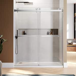 UKD01 56 to 58 in. W. x 76 in. H Double Sliding Frameless Shower Door Brushed Nickel, Enduro Shield 3/8 in. Clear Glass