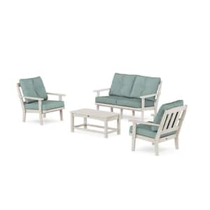 Cape Cod Sand Castle 4-Piece Plastic Patio Conversation Set with Loveseat in Glacier Spa Cushions