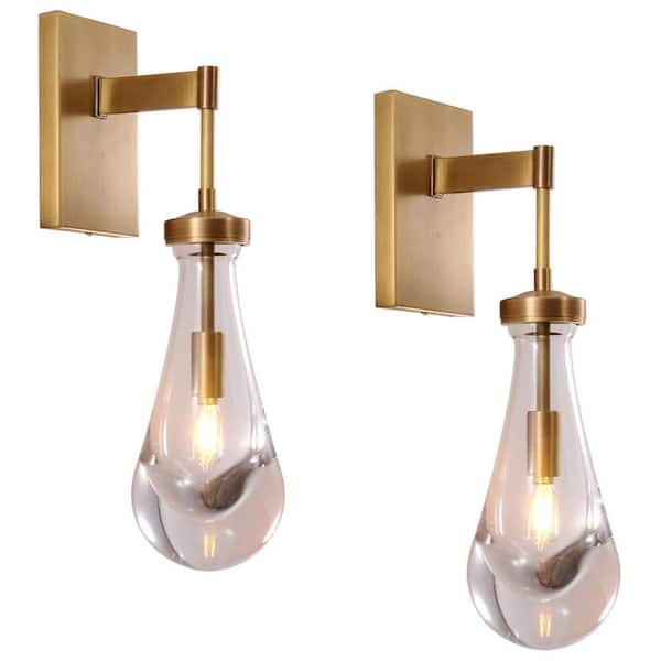 5 in. 2 Light Brass Raindrop Wall Sconce, Modern Glass Shade Wall Lamp for Bathroom, Hallway, Bedroom, Living Room