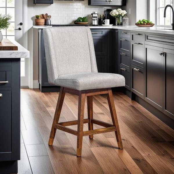 Armen Living Stancoste 40 in. Brown Oak Swivel Bar Stool with Beige Fabric Seat