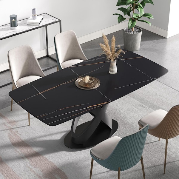 Magic Home 70.87 in. Modern Rectangular Black Sintered Stone Top Cross Legs Black Carbon Steel Legs Dining Table (6 Seats)