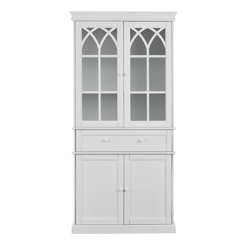 72 in. White Tall Storage Cabinet, Kitchen Pantry Cabinet with Glass Doors.