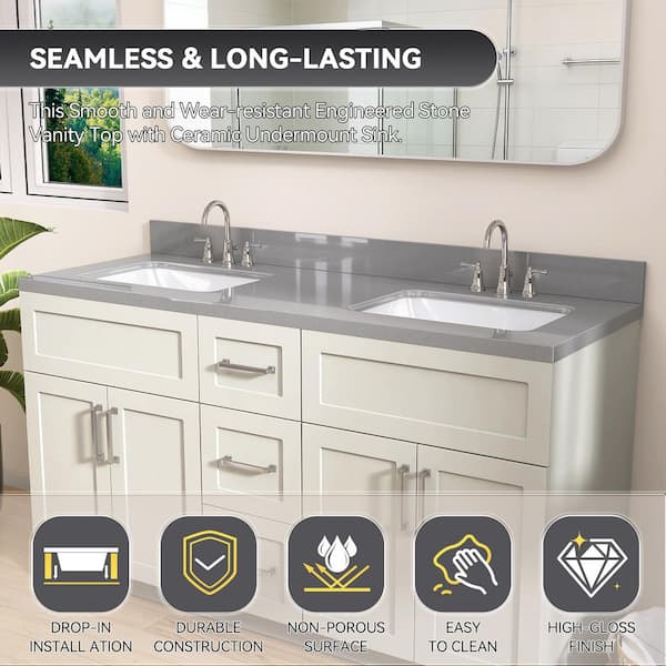 Getpro 60 in. W x 22 in. D Engineered Stone White Rectangular