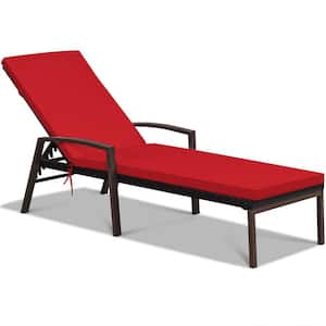 Brown Wicker Outdoor Patio Chaise Lounge Chair Adjustable Recliner with Red Cushions