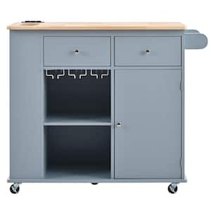 Gray Wood 40 in. Kitchen Island with Power Outlet, Drop Leaf, 5 Wheels, Drawers, Storage and Wine Rack for Home, Kitchen