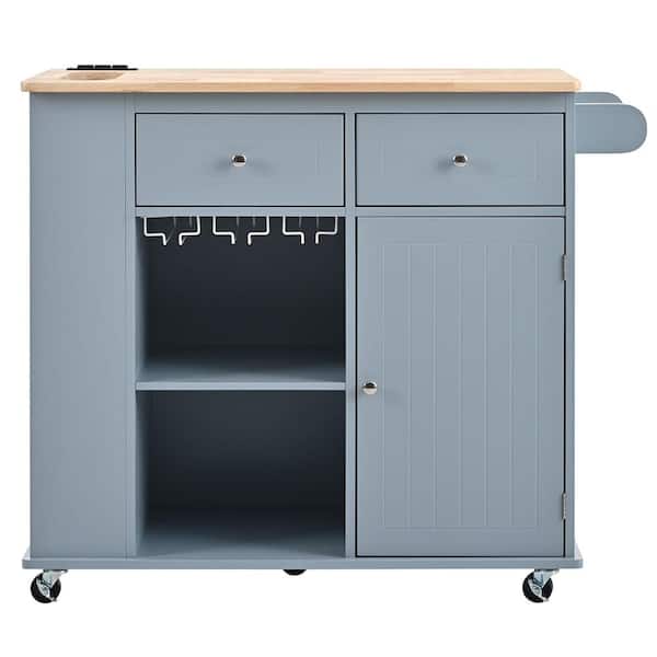 Adrinfly Gray Wood 40 in. Kitchen Island with Power Outlet, Drop Leaf, 5 Wheels, Drawers, Storage and Wine Rack for Home, Kitchen