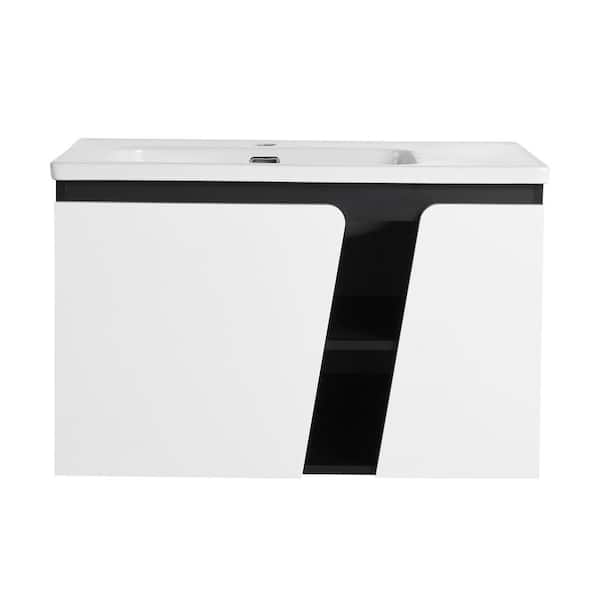 Boosicavelly 31.70 in. W x 19.90 in. D x 20.10 in. H Single Sink Wall MountedBath Vanity in Black with White Ceramic Top