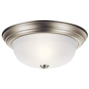 Independence 13.25 in. 2-Light Brushed Nickel Traditional Hallway Flush Mount Ceiling Light with Alabaster Swirl Glass
