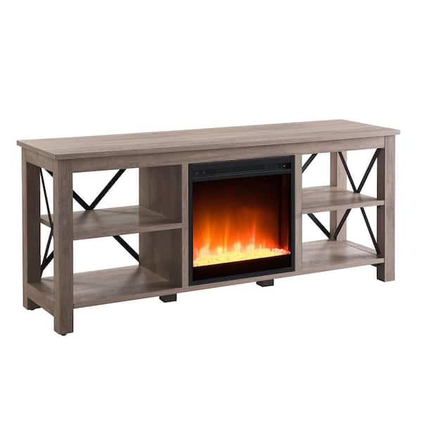Meyer&Cross Sawyer 58 in. Gray Oak TV Stand Fits TV's up to 65 in. with Crystal Fireplace Insert