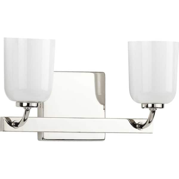 Progress Lighting Moore Collection 2-Light Polished Nickel White Opal Glass Luxe Bath Vanity Light