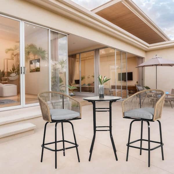 Unbranded Brown 3-Piece Metal Outdoor Bistro Set with Gray Cushion, Patio Bar Table and Chairs Set, Patio Swivel Bar Set