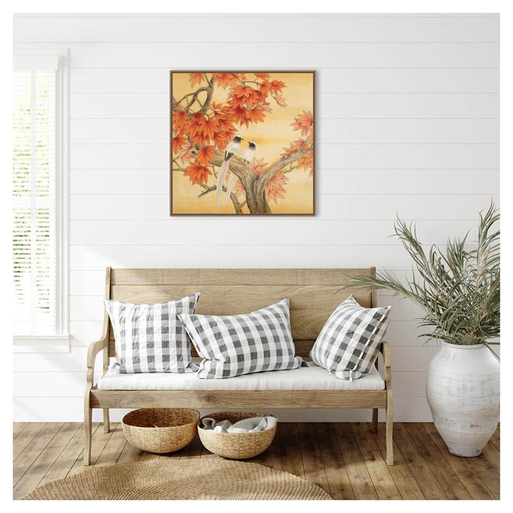 Autumn Love Birds Framed Canvas Wall Art with Beaded Perimeter