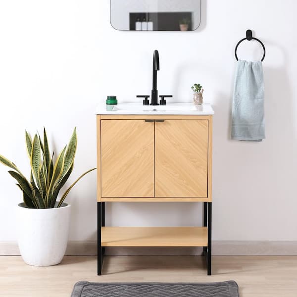 Juhl 23.5 in. W x 18 in. D x 33 in. H Chevron-Front Modern Minimalist 2-Shelf Bath Vanity Cabinet without Top in Oak