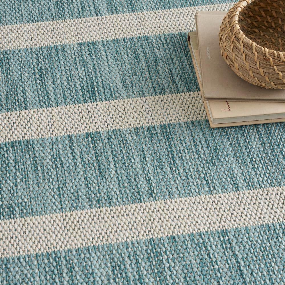 Aqua Ivory 8' x 10' Striped Synthetic Flatweave Rug