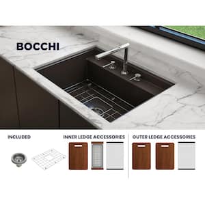 Baveno Uno Matte Brown Fireclay 27 in. Single Bowl Undermount/Drop-In 3-hole Kitchen Sink w/Integrated WS and Acc.