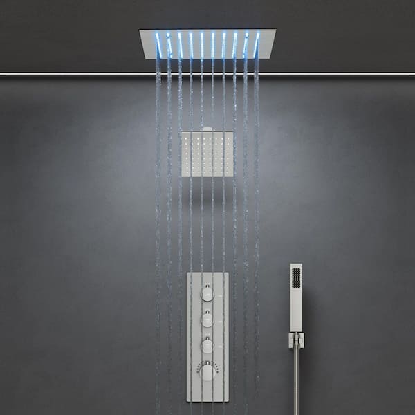 12 in. Mood Light Quadruple Handles 3-Spray Shower Faucet 2.5 GPM with LED, Anti Scald in. Brushed Nickel