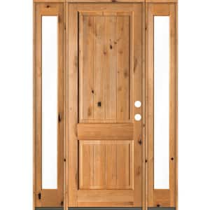 64 in. x 96 in. Rustic Knotty Alder Square Clear Stain Wood V-Groove Left Hand Single Prehung Front Door/Full Sidelites