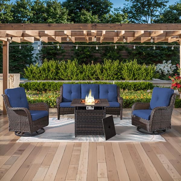 ArcoBay 4-Piece Brown Wicker Patio Square Fire Pit Conversation Set with Navy Blue Cushions and Swivel Rocking Chairs