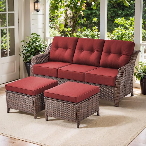 Artisan 3-Piece Brown Wicker Outdoor 3-Seat Couch with High Curved Back and 6 in. Thick Red Cushions and Ottomans