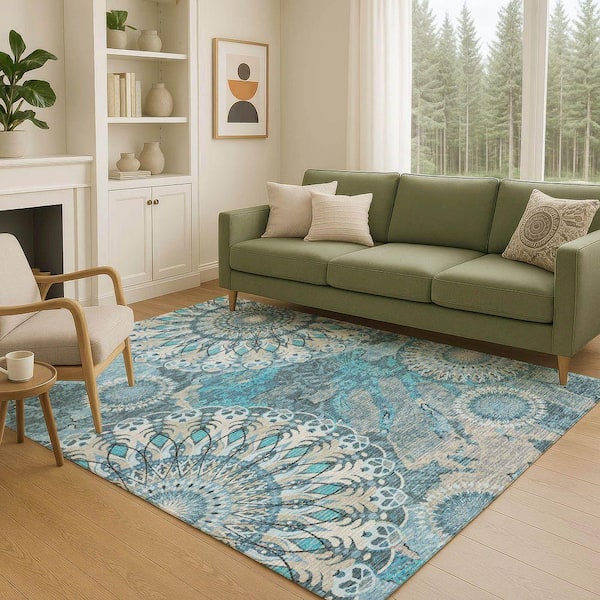 Chantille Machine Washable Indoor/Outdoor Abstract ACN2335 Teal 3 ft. x 4 ft. Area Rug