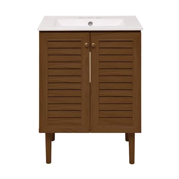 Swiss Madison Bron 24 in. Freestanding Bathroom Vanity in Brown Oak with White Ceramic 3-Hole Center Set Sink Top