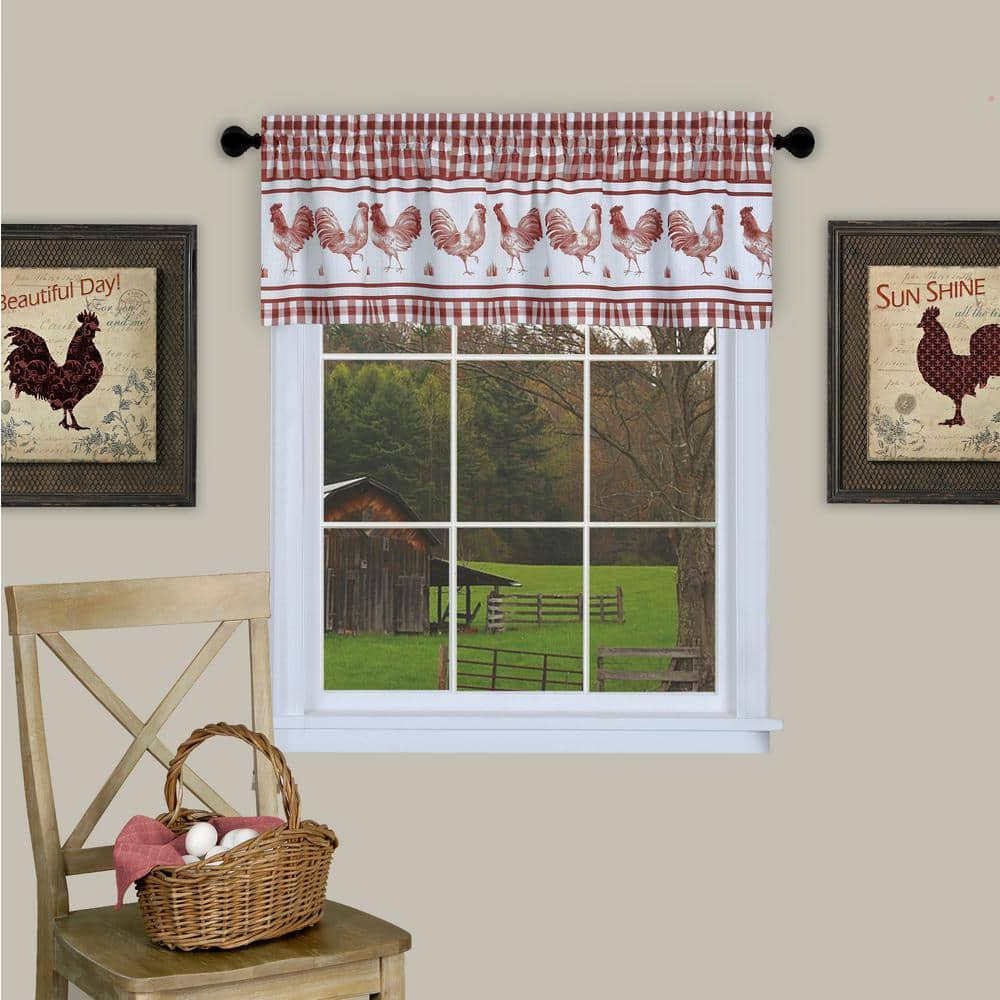 Burgundy Rooster Print Gingham Tier Curtain and Valance Set