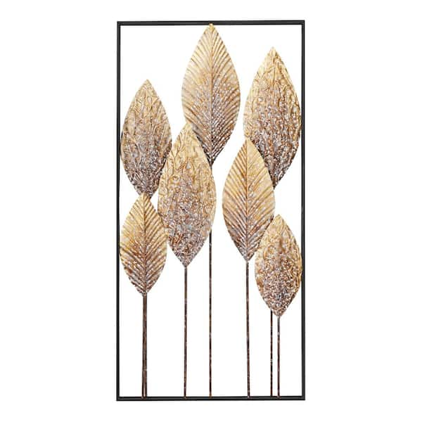 Litton Lane Rectangular Framed Metal Whitewashed Gold Leaves Wall Decor 18989 The Home Depot