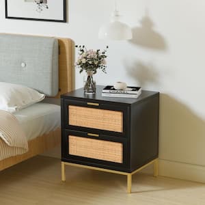 Rattan 2 Spacious Drawers Black Nightstand Farmhouse Bedside Table with Sofa Side Table 19 in. W x 14 in. D x 21.5 in. H