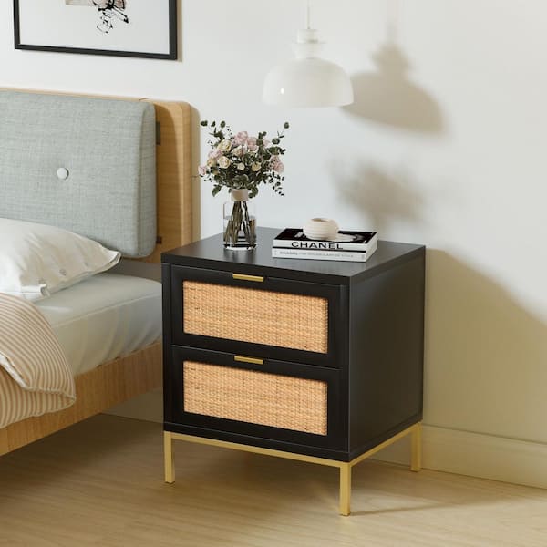 Aupodin Rattan 2 Spacious Drawers Black Nightstand Farmhouse Bedside Table with Sofa Side Table 19 in. W x 14 in. D x 21.5 in. H