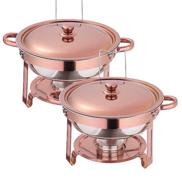 2-Pack 5 qt. Round Gold Chafing Dish Buffet Set with Transparent Lid and Alcohol Heater for Parties Dishes