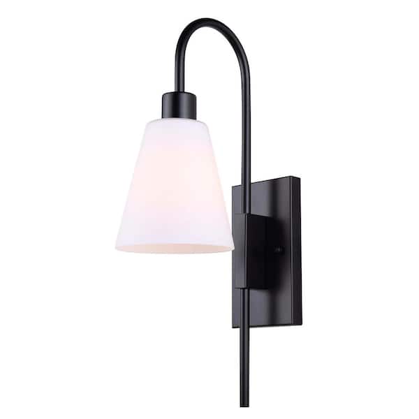 CANARM Wyler 6 in. 1-Light Matte Black Wall Sconce with Flat Opal Glass Shade