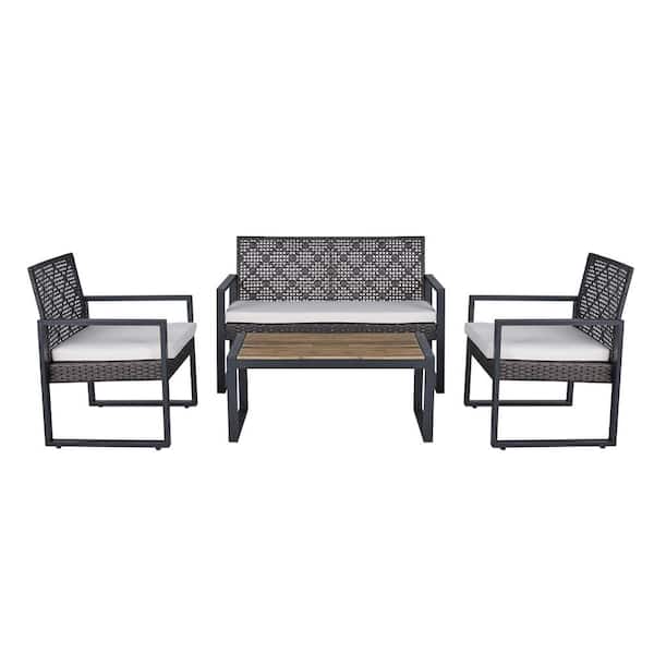 Unbranded Brown 4-Piece Wicker Outdoor Dining Set Garden Backyard Lawn Furniture with Acacia Wood Tabletop and Beige Cushions