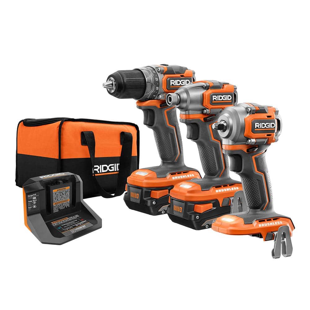 Ridgid 18 Volt Lithium Ion Brushless Cordless Subcompact Combo Kit 3 Tool With 2 2 0 Ah Lithium Battery Charger And Bag R9224sbn The Home Depot