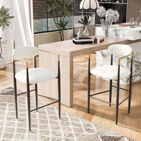 Boise 29.75 in. Black Metal Frame and Beige PU Leather Fabric Upholstered Bar Stool (Set of 2)
