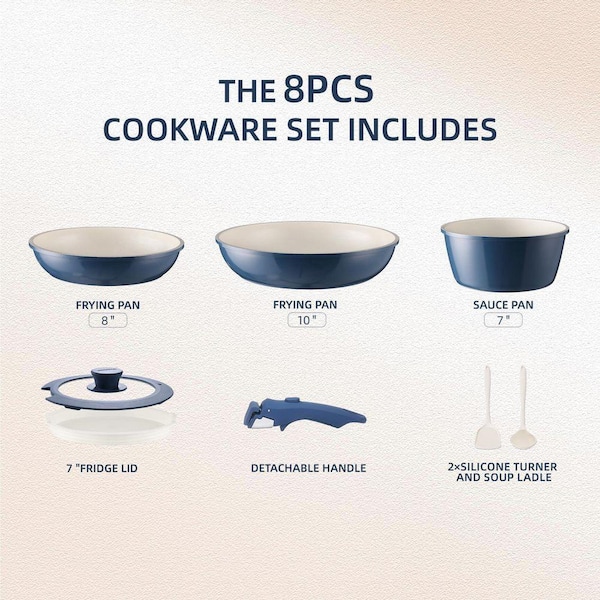 JFVKAF 8-Piece Blue Ceramic Nonstick Cookware Set with Removable
