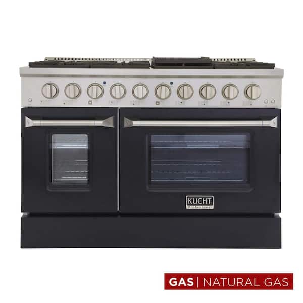 Pro-Style 48 in. 6.7 cu. ft. Double Oven Natural Gas Range with 8 Burners in Stainless Steel and Black Oven Doors