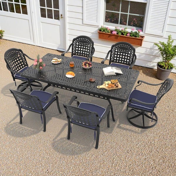 Vintage 7-Piece Cast Aluminum Outdoor Dining Set with Rectangular Table and Swivel Dining Chairs with Blue Cushion