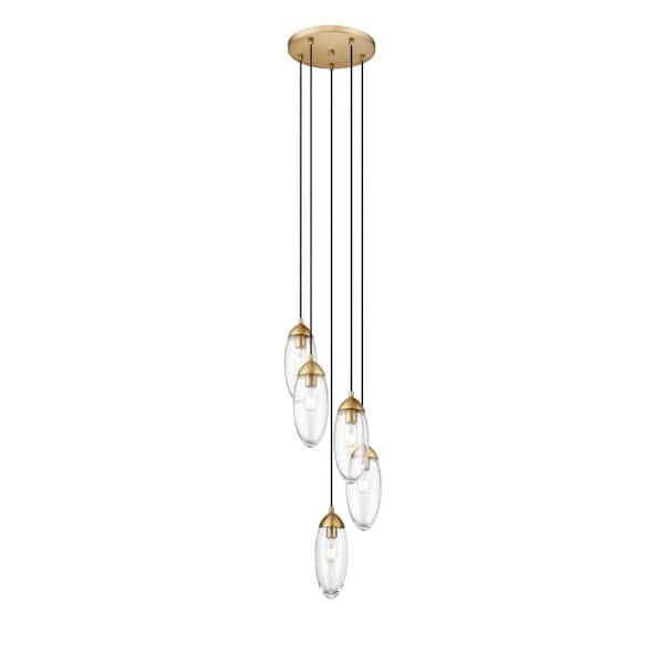 Unbranded Arden 5-Light Rubbed Brass Shaded Round Chandelier with Clear Glass Shade with No Bulbs Included