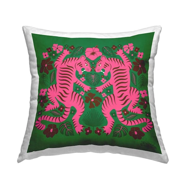 Stupell Industries Mirrored Tigers Pattern Pink Floral Polyester 18 in. x 18 in. Throw Pillow