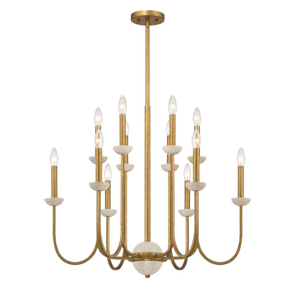 Antique Gold 12-Light Candle Chandelier with Travertine Cups