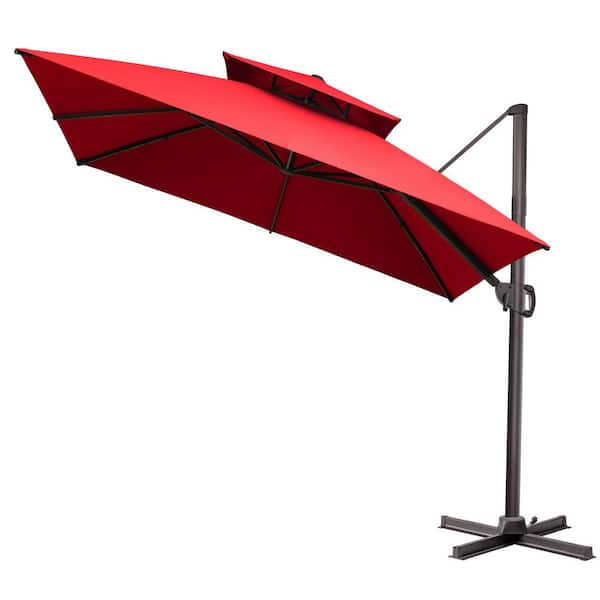 Crestlive Products 10.5 ft. x 10.5 ft. Double Top Rectangular Cantilever Tilt Patio Umbrella in Red