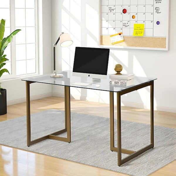 Homy Casa Slip 47 in. Rectangular Clear Glass Top Elegant Computer Desk with Golden Base SLIP GLASS GOLD LEG 120 - The Home Depot Homy Casa Slip 47 in. Rectangular Clear Glass Top Elegant Computer Desk with Golden Base SLIP GLASS GOLD LEG 120 - The Home Depot