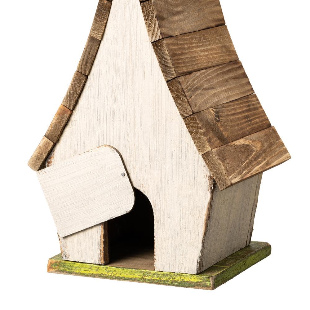 Distressed Washed White Solid Wood Birdhouse with Natural Pallet Roof