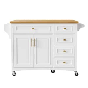 Oasis White Wood 52 in. Kitchen Island with Drop Leaf, Embossed Texture Kitchen Island on Wheels with Spice Rack