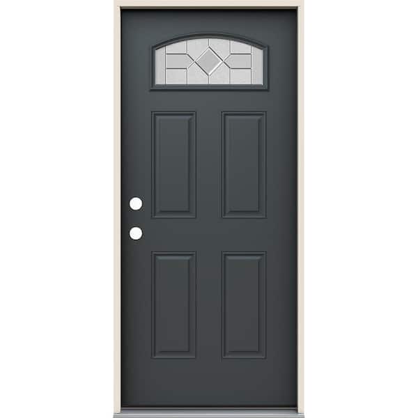 JELD-WEN 36 in. x 80 in. Right-Hand Camber Top Caldwell Decorative Glass Marine Steel Prehung Front Door