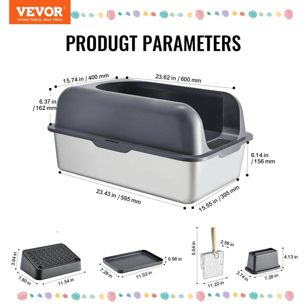 Extra Large Dark Gray Stainless Steel Covered Cat Litter Box with Scoop