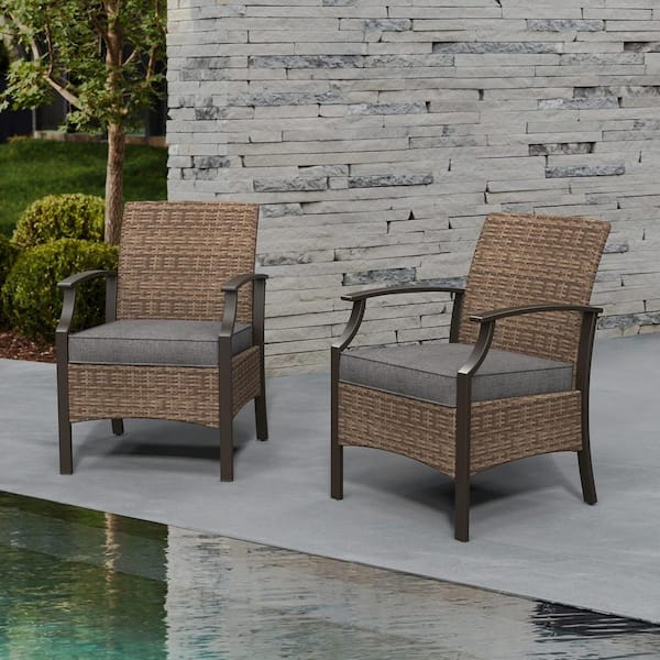 Dark Grey PE Wicker Outdoor Dining Chair with Front Seat Baffle and Olefin Cushions (2-Pack)